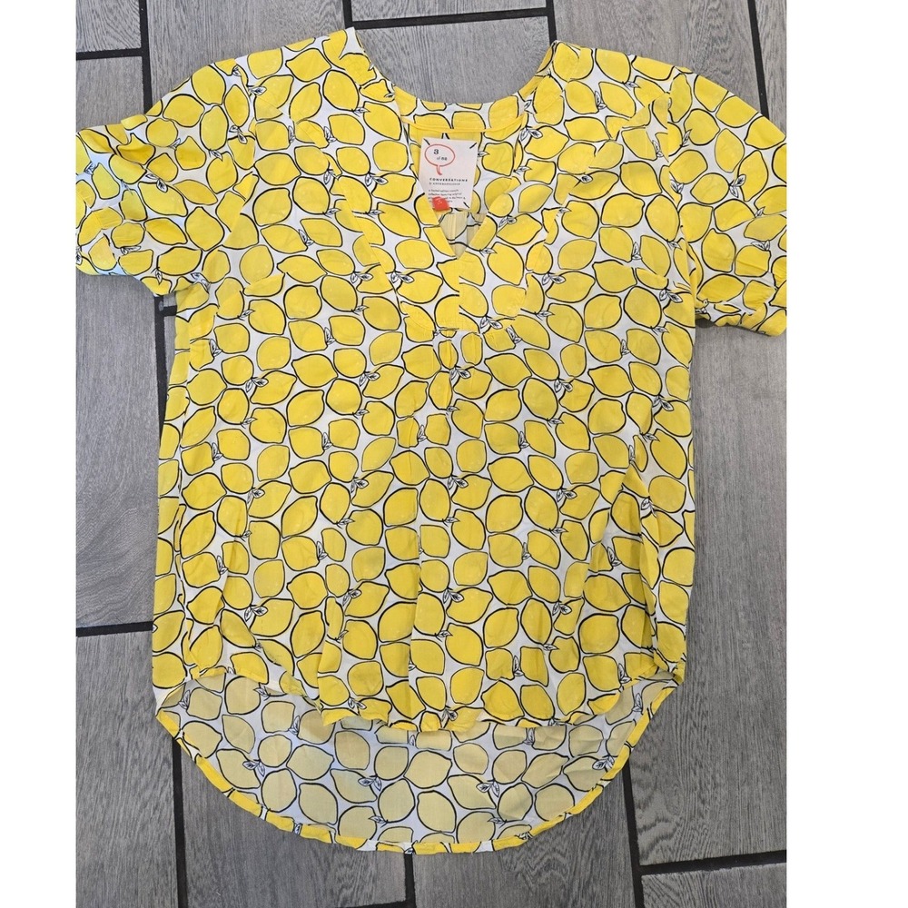 Anthropologie Conversations Yellow Lemon Print V-Neck High-Low Blouse Top Small